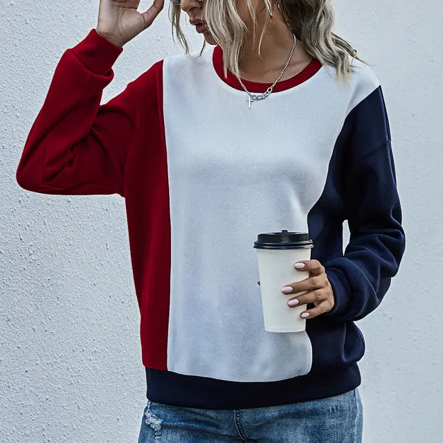Contrast Stitching Loose All Match Sweater Pullover Top Wine Red - Shop at LoveMi
