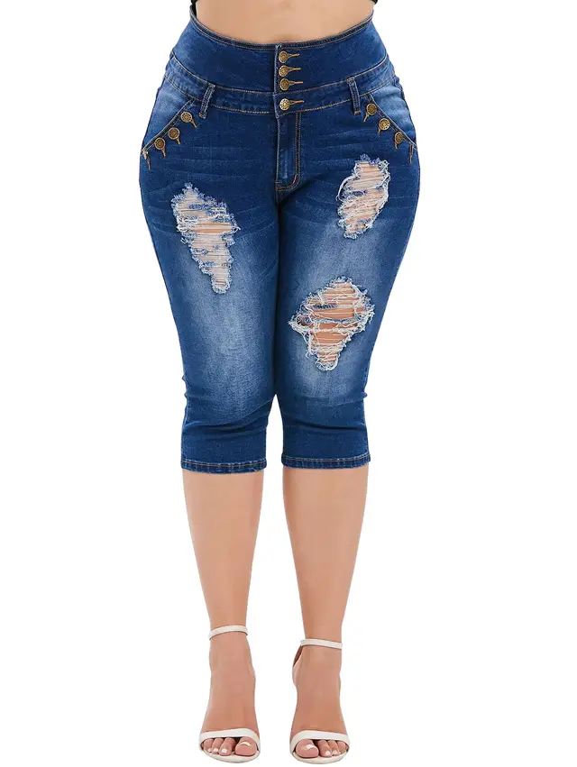 Elastic Hole Large Size High waist Denim Five point Pants Blue - Shop at LoveMi