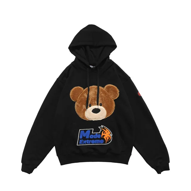 Plush Bear Embroidered Sweater Pullover Hoodie A Black - Shop at LoveMi