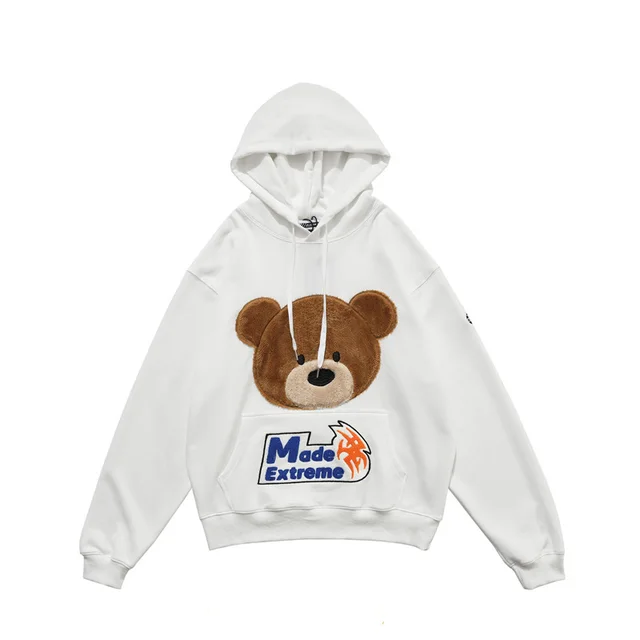Plush Bear Embroidered Sweater Pullover Hoodie A White - Shop at LoveMi