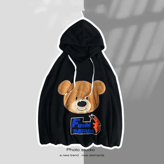 Plush Bear Embroidered Sweater Pullover Hoodie Black - Shop at LoveMi