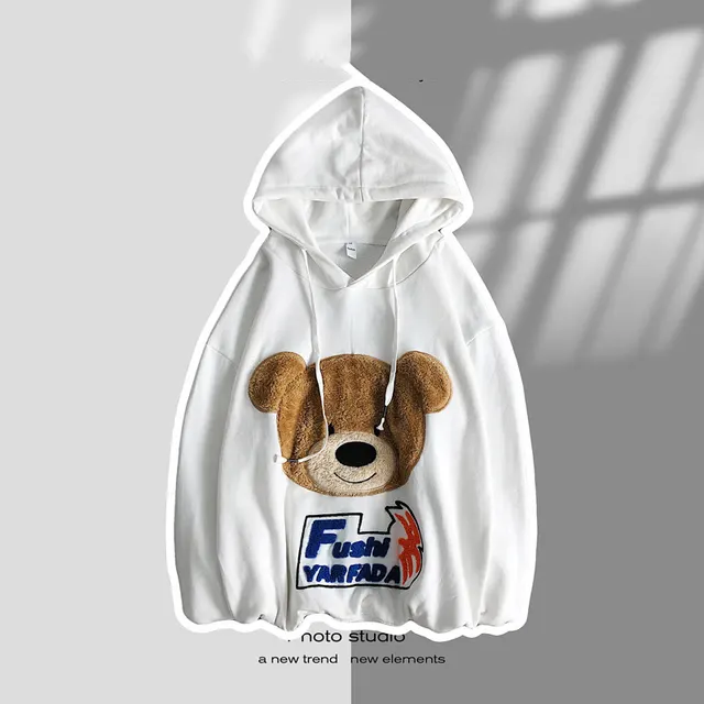 Plush Bear Embroidered Sweater Pullover Hoodie White - Shop at LoveMi
