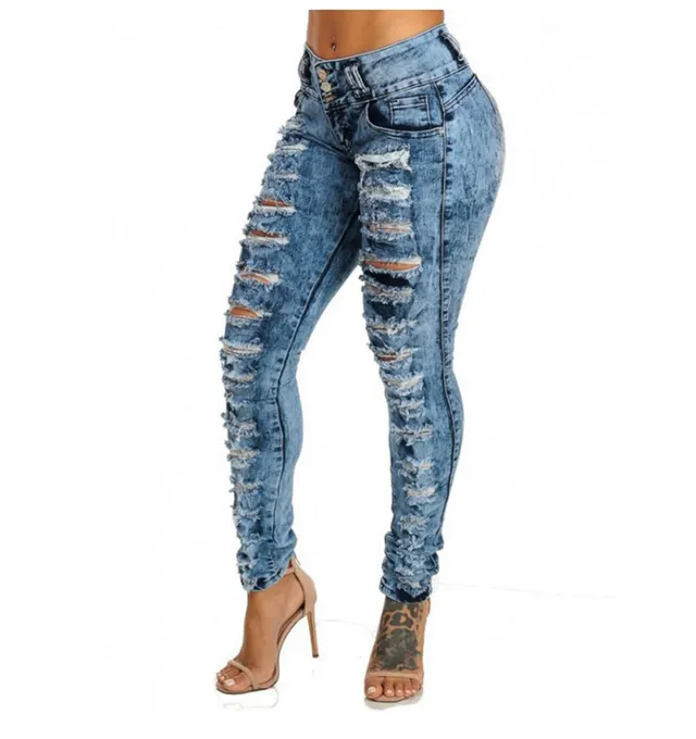 Ripped High waisted Breasted Jeans With Small Feet Royal Blue - Shop at LoveMi