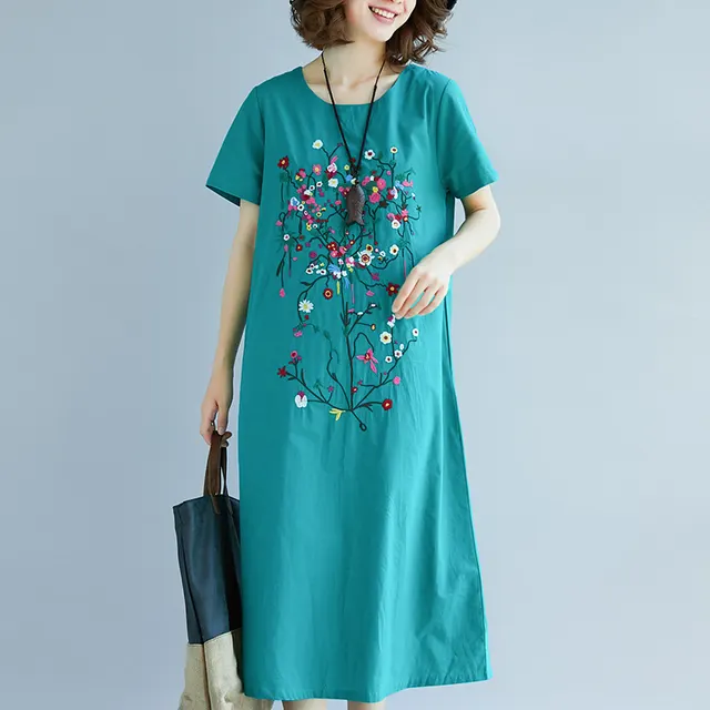 Ethnic Style Embroidered Cotton Linen Medium Length Dress Green - Shop at LoveMi