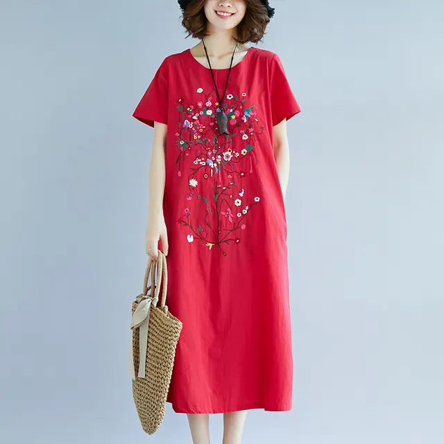 Ethnic Style Embroidered Cotton Linen Medium Length Dress Red - Shop at LoveMi
