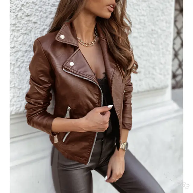 Long Sleeved European And American Zipper Lapel Slim Fit Jacket Brown - Shop at LoveMi