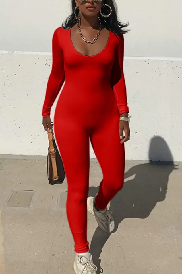 Long Sleeve High Waist Solid Color Sports Fitness Jumpsuit Red - Shop at LoveMi
