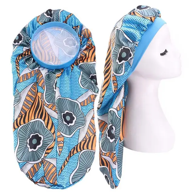 African Printed Nightcap Satin Long Tail Hood Blue Orange - Shop at LoveMi