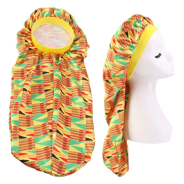 African Printed Nightcap Satin Long Tail Hood Yellow - Shop at LoveMi