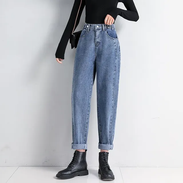Loose High Waist Slim Straight Leg Pants Harem Pants Jeans Navy Blue - Shop at LoveMi