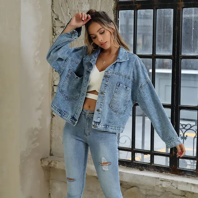 Water Blue Short Loose Casual Denim Jacket Jacket Blue - Shop at LoveMi