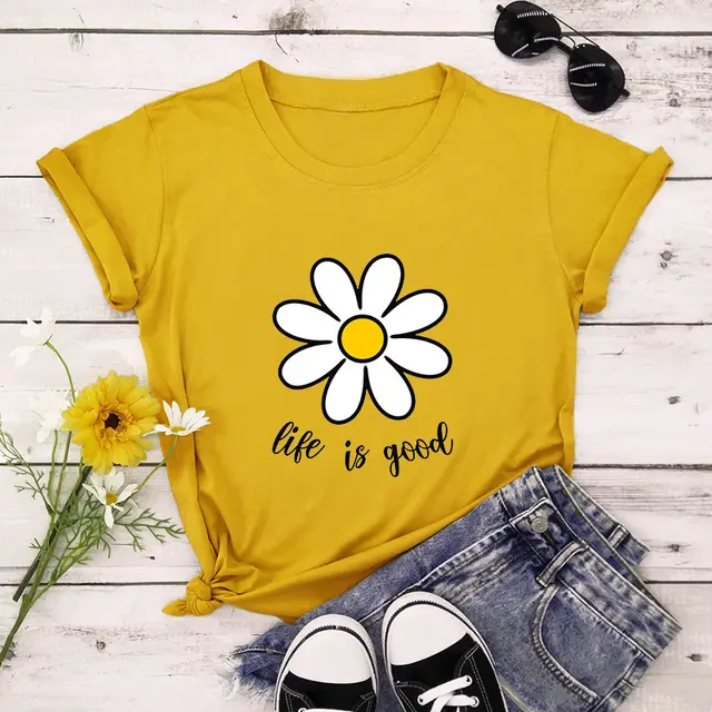 European And American Plant Print Round Neck Cotton Short Sleeved Women's Shirt Ginger - Shop at LoveMi