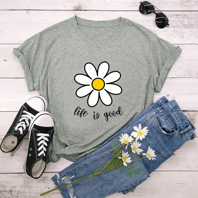 European And American Plant Print Round Neck Cotton Short Sleeved Women's Shirt Grey - Shop at LoveMi
