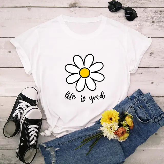 European And American Plant Print Round Neck Cotton Short Sleeved Women's Shirt White - Shop at LoveMi
