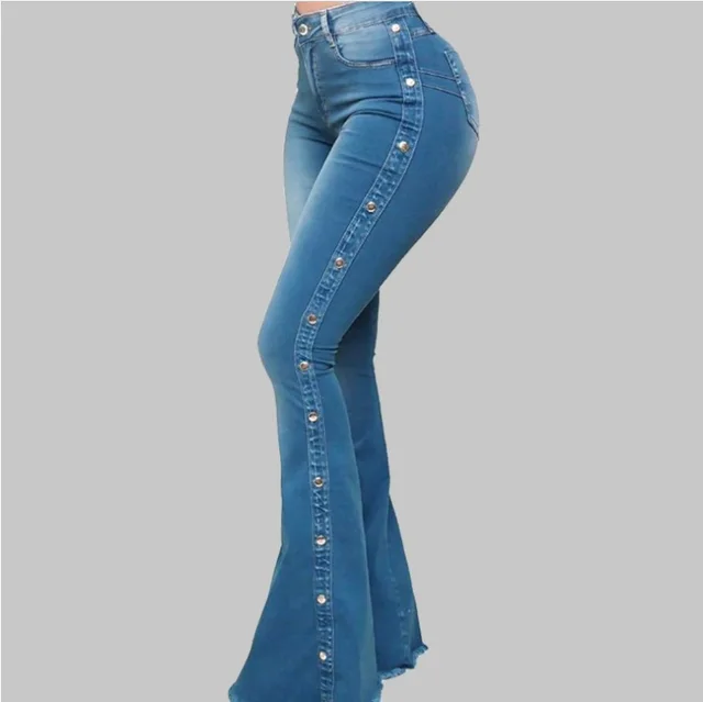High Waist Stretch Ladies Mopping Denim Flared Pants Blue - Shop at LoveMi