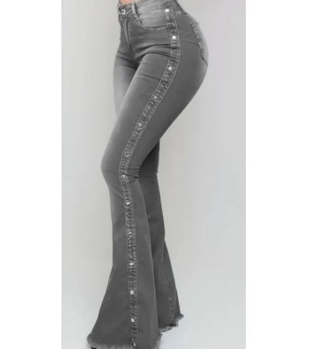 High Waist Stretch Ladies Mopping Denim Flared Pants Grey - Shop at LoveMi