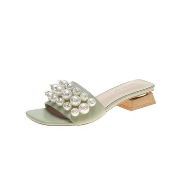 Beaded Rhinestone Sandals With Thick Heel Pearl Women's Shoes Green - Shop at LoveMi