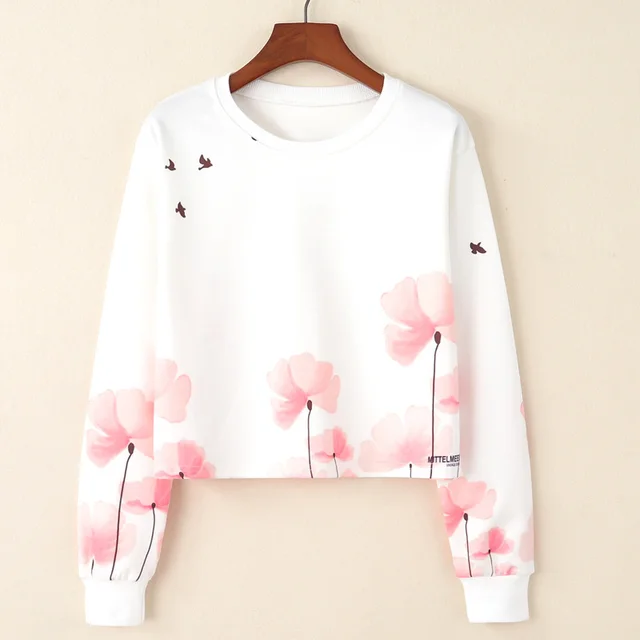 Round Neck Pullover Flower Sea Bird Print Long Sleeved Sweater White - Shop at LoveMi