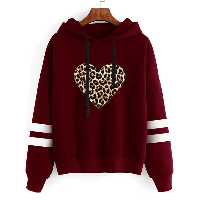 Leopard Love Printed Parallel Bar Hooded Sweatshirt Wine Red - Shop at LoveMi