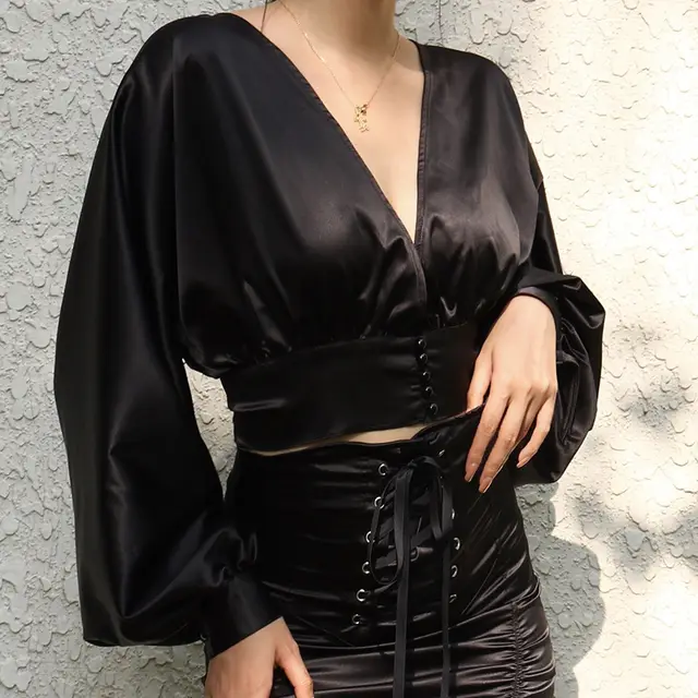Sexy V neck solid color lantern sleeve blouse woman Black - Shop at LoveMi