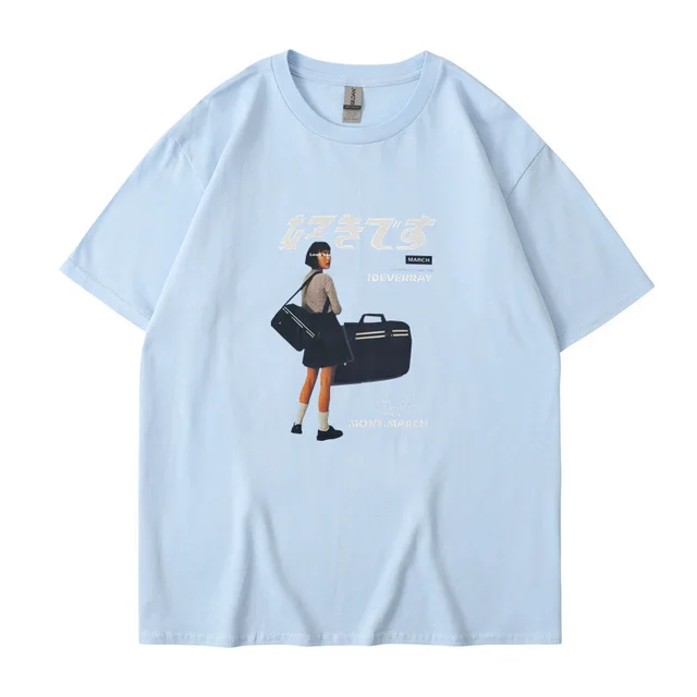 Character Print Casual t Shirt Short Sleeved T Shirt Light Blue - Shop at LoveMi