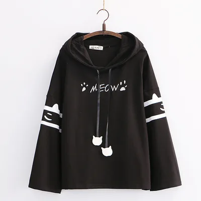 Cute Cartoon Cat Paw Embroidery Loose Long Sleeve Hoodie Black - Shop at LoveMi