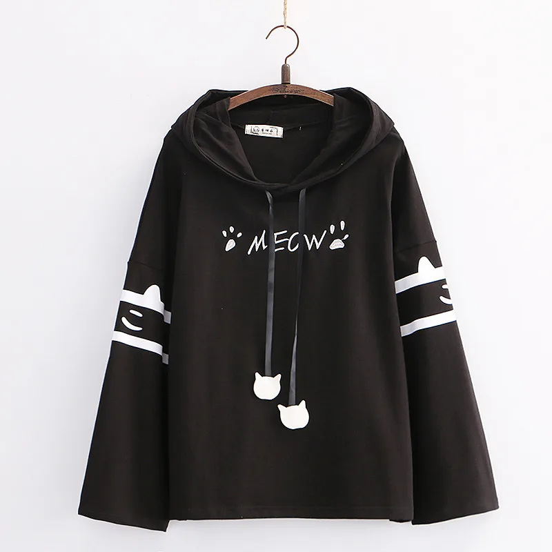 Cute Cartoon Cat Paw Embroidery Loose Long Sleeve Hoodie - Black