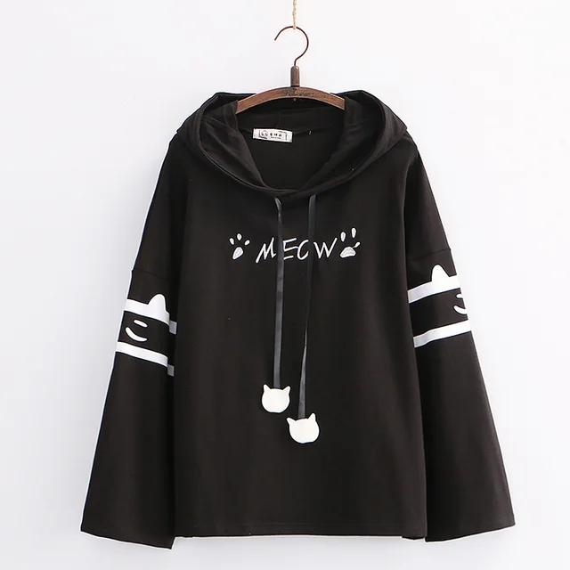 Cute Cartoon Cat Paw Embroidery Loose Long Sleeve Hoodie Black - Shop at LoveMi