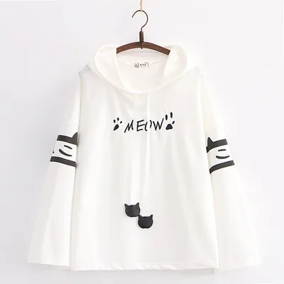 Cute Cartoon Cat Paw Embroidery Loose Long Sleeve Hoodie White - Shop at LoveMi