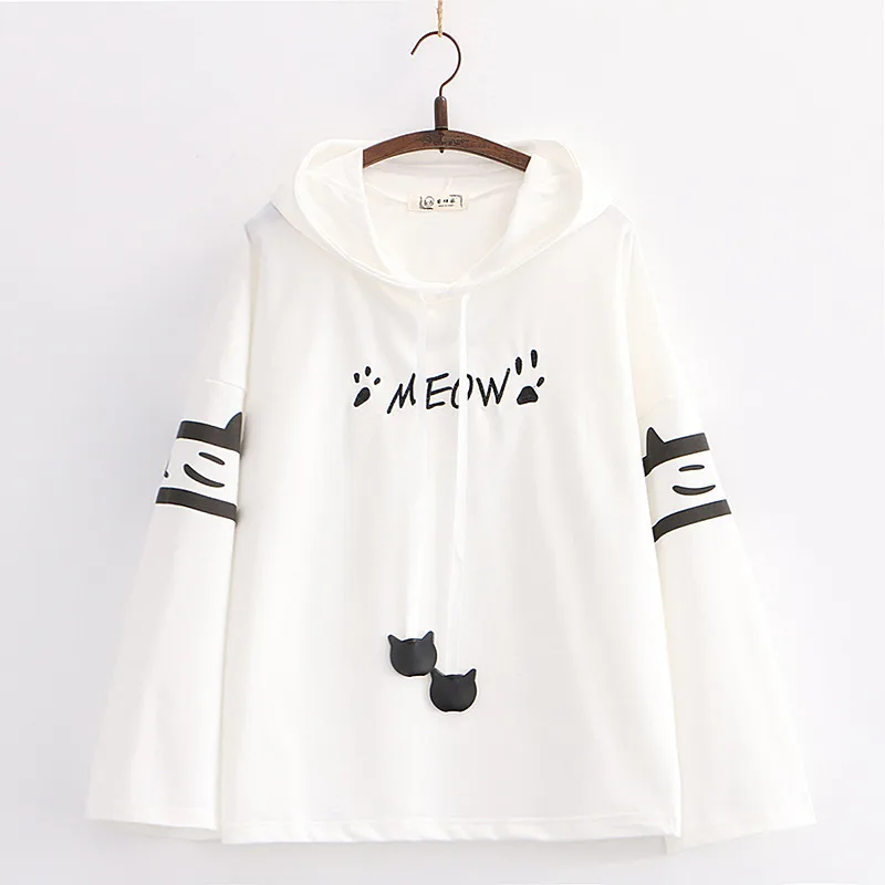 Cute Cartoon Cat Paw Embroidery Loose Long Sleeve Hoodie - White