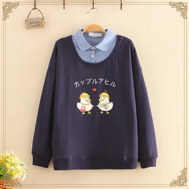 Printed Two Chicks Fake Two All Match Sweaters Black - Shop at LoveMi