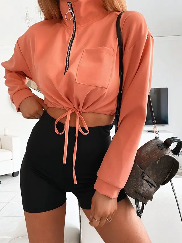 Women's Stand Up Collar Long Sleeved Drawstring Short Coat Jacket Orange - Shop at LoveMi