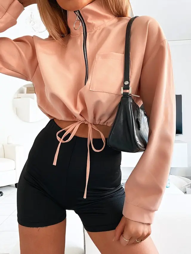 Women's Stand Up Collar Long Sleeved Drawstring Short Coat Jacket Pink - Shop at LoveMi
