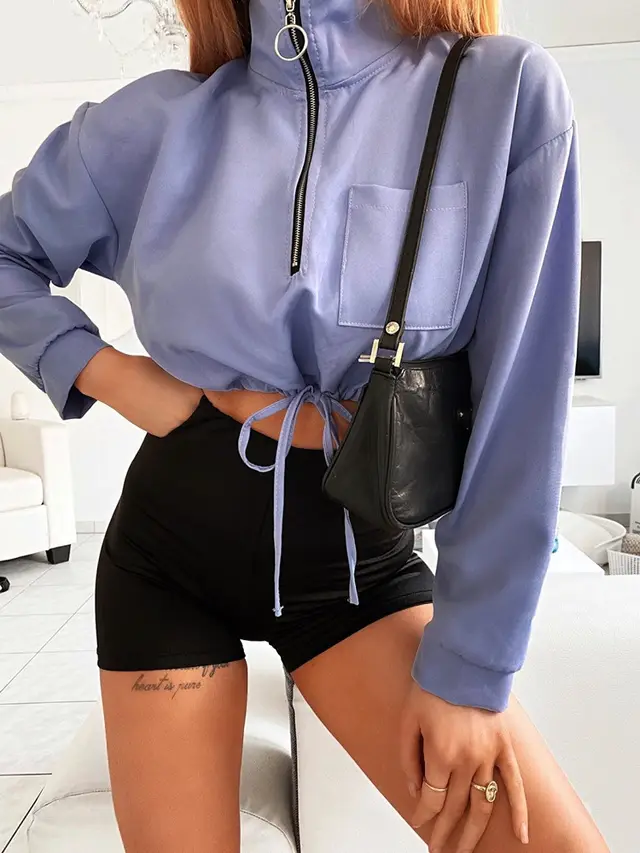 Women's Stand Up Collar Long Sleeved Drawstring Short Coat Jacket Purple - Shop at LoveMi