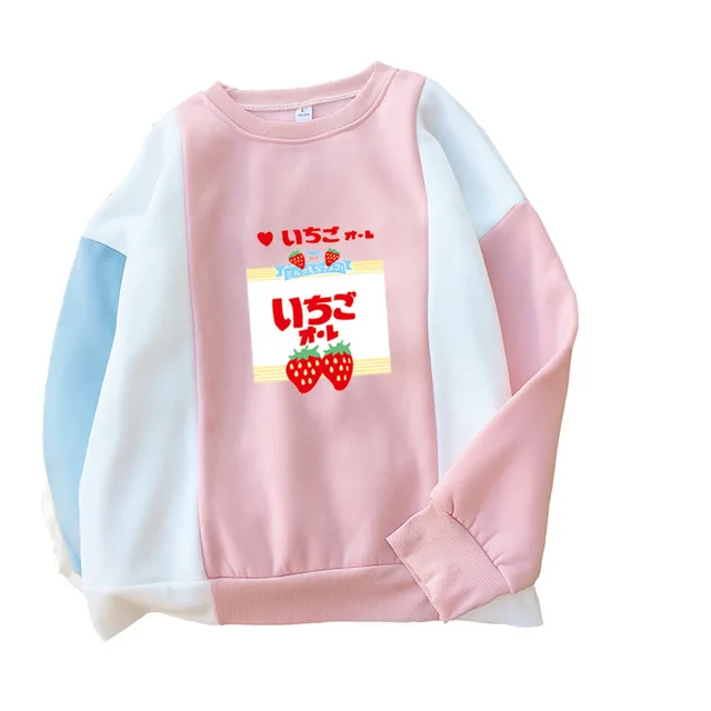 Colorful Japanese Strawberry Print Plus Velvet Thick Stitching Sweater Pink - Shop at LoveMi