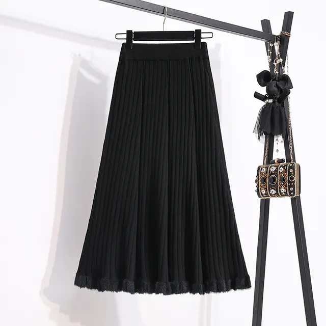 Thick Knitted Skirt Women Winter Mid Length High Waist Black - Shop at LoveMi