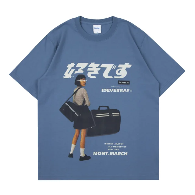 Character Print Loose Couple Short Sleeve T Shirt Grey Blue - Shop at LoveMi