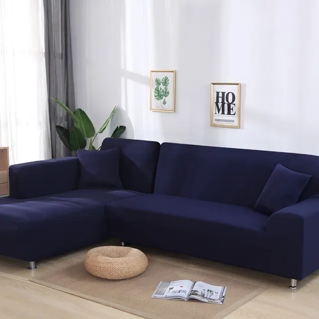 L Shaped Sofa Solid Color High Elastic All Inclusive Sofa Cover Navy Blue - Shop at LoveMi