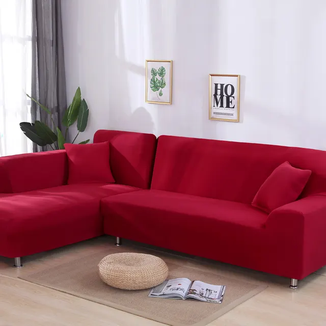 L Shaped Sofa Solid Color High Elastic All Inclusive Sofa Cover Red - Shop at LoveMi