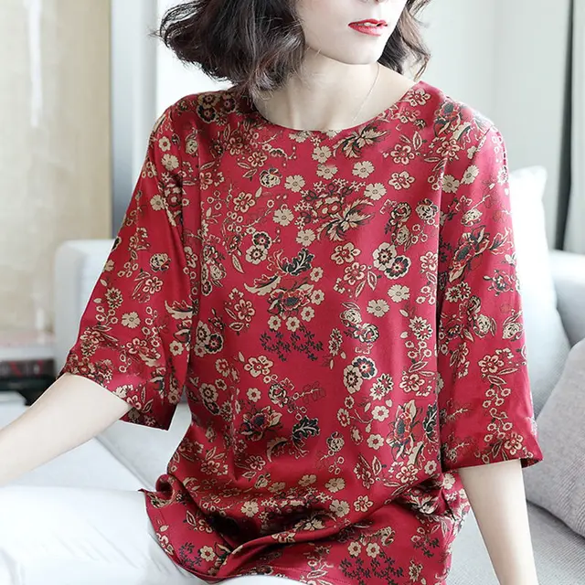Summer Mid Sleeve Loose Mother Dress Shirt Round Neck Plus Size Blouse - Shop at LoveMi