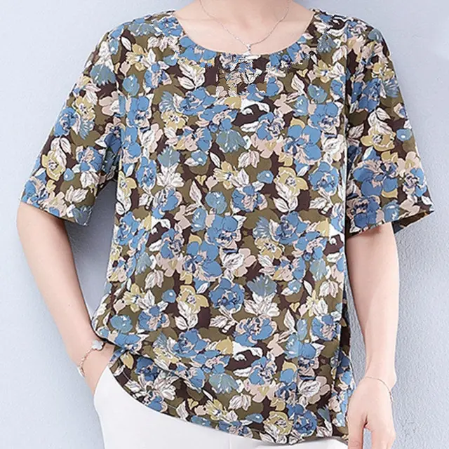 Summer Mid Sleeve Loose Mother Dress Shirt Round Neck Plus Size Blouse - Shop at LoveMi