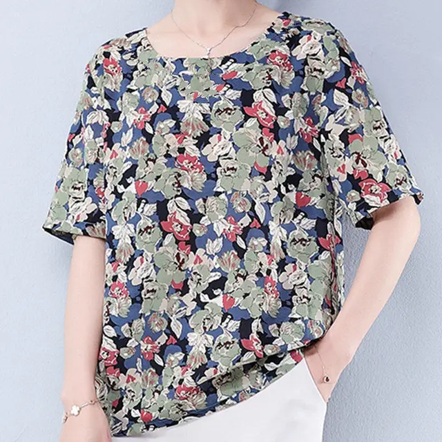 Summer Mid Sleeve Loose Mother Dress Shirt Round Neck Plus Size Blouse - Shop at LoveMi