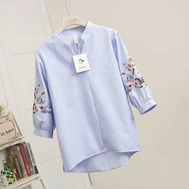 Oversized 3 4 Sleeve Loose V Neck Embroidered Blouse Blue - Shop at LoveMi