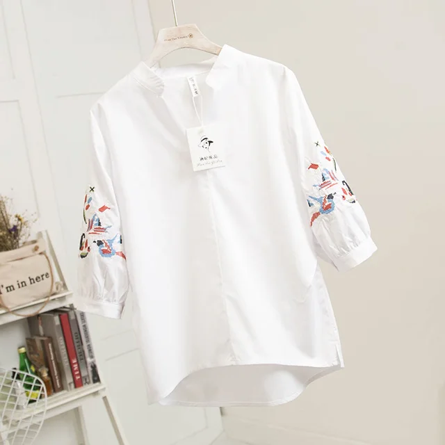 Oversized 3 4 Sleeve Loose V Neck Embroidered Blouse White - Shop at LoveMi