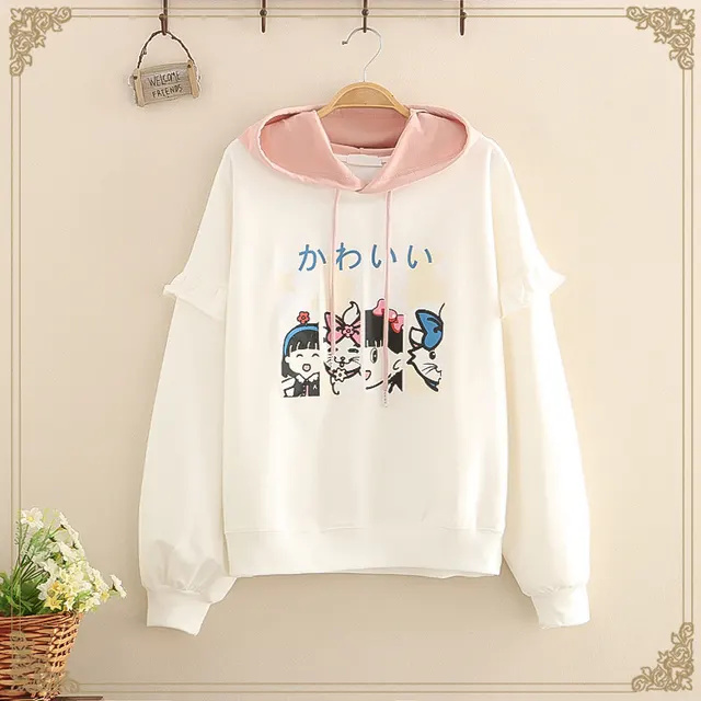 Ruffles Patchwork Cartoon Print Casual Hoodies Cotton Hooded White - Shop at LoveMi