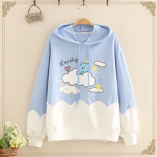 Cartoon Bear Print Casual Hooded Sweatshirt Women Blue - Shop at LoveMi
