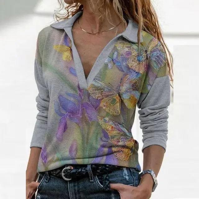 Casual Temperament Printed Pullover Long Sleeves Purple Flowers - Shop at LoveMi