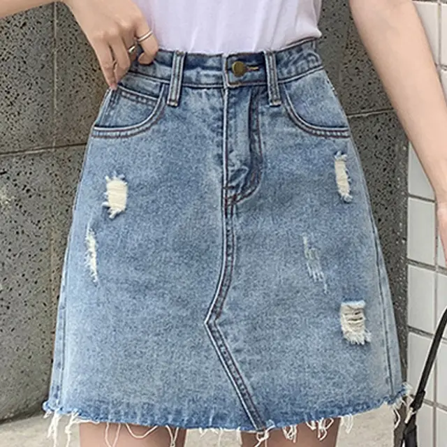 All match Bag Hip Hole Fringed High Waist Denim Skirt Blue - Shop at LoveMi