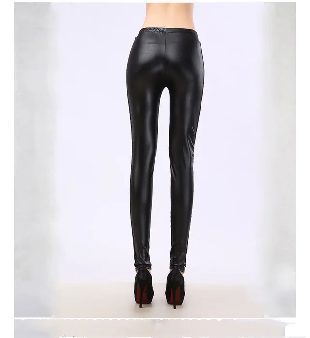 New Style Rose Lace Stitching PU Faux Leather Nine Point Leggings Black - Shop at LoveMi