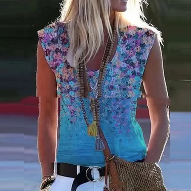 Women's Retro Colorful Printed V Neck Sleeveless Vest Top Pullover Blue - Shop at LoveMi